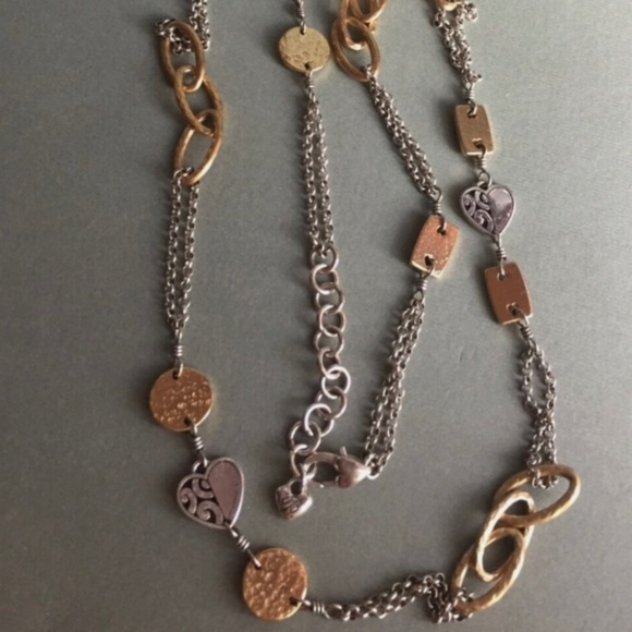 Brighton Deco Necklace Silver and Gold Plated Hammered Hearts Discs Links Long - Picture 9 of 9